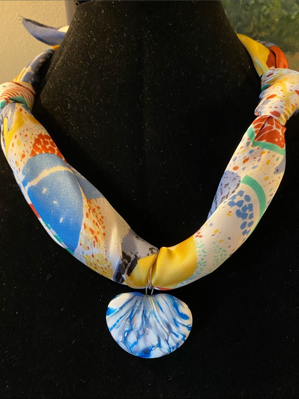 Repurposed glass pendant on new scarf. Tie in back for a fabulous necklace!